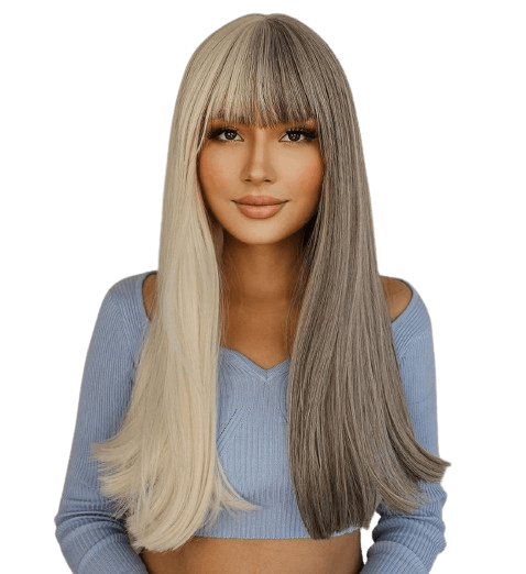 perruque poupée réaliste bicolore,cheveux blancs d'un côté et gris de l'autre avec frange