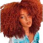perruque afro avec cheveux frisés rouges orangés, beaucoup de volume