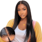 perruque brune cheveux noirs avec raie au milieu sur femme noire. perruque pour poupées